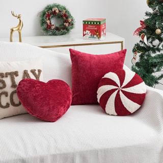 紅色聖誕抱枕聖誕裝飾客廳糖果沙發靠墊汽車腰枕天鵝絨刺繡抱枕套 45x45