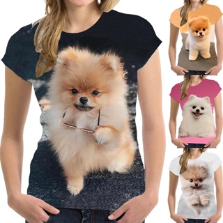 2023 新款時尚夏季熱賣可愛有趣的狗博美犬 3D 打印高品質女式 T 恤休閒短袖上衣尺寸 XS-4XL