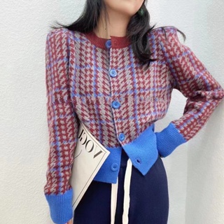 韓系女版緊身顯瘦短版時尚撞色千鳥格圓領單排扣針織小外套