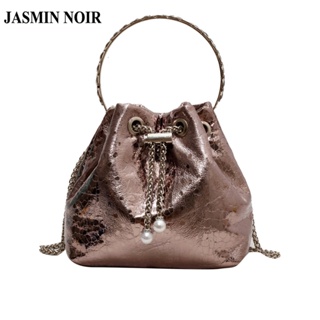 Jasmin NOIR 女士品牌漆皮斜挎包金屬手柄鏈珍珠小水桶