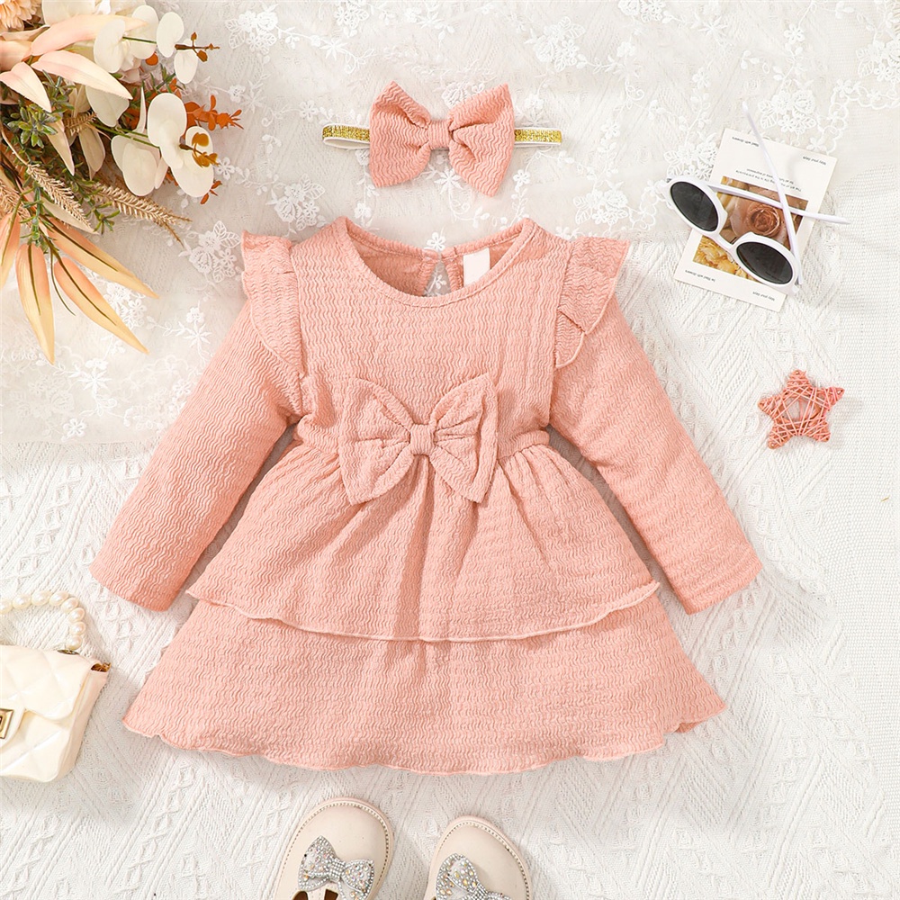 連衣裙 0-3 歲幼兒女嬰 2 件套服裝套裝粉色飛袖純色長袖連衣裙帶頭飾時尚可愛嬰兒休閒裝春季公主裙