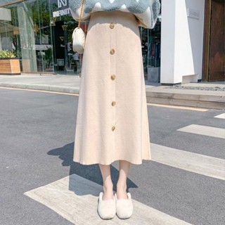 韓版針織半身裙女 秋冬季新款 高腰顯瘦a字裙 加厚毛線長裙 中長款針織裙 紐扣設計裙子 休閒百搭長裙