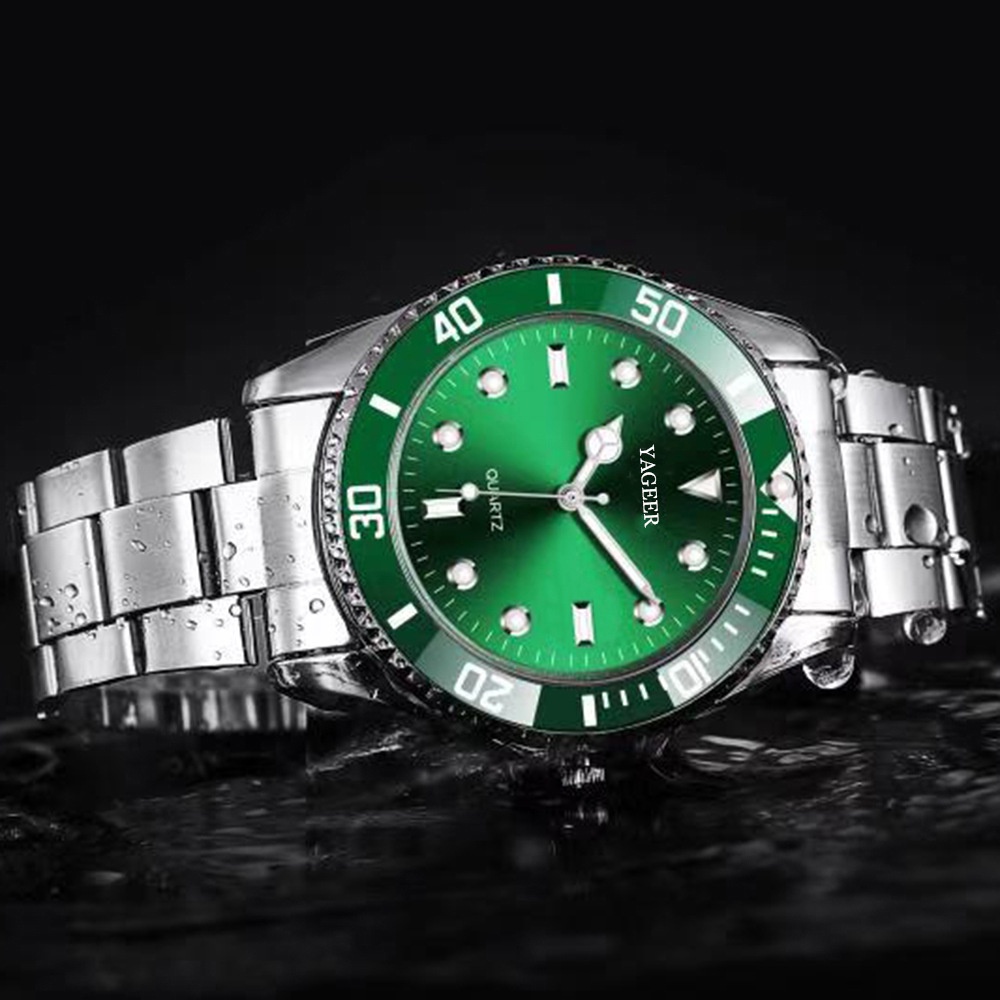 Modiya男士手錶時尚綠水鬼鋼錶帶手錶豪華合金石英表