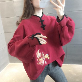 中國風元素設計感上衣 秋冬季新款 加絨加厚保暖上衣 古風上衣 長袖上衣 過年穿喜慶拜年服 大尺碼上衣