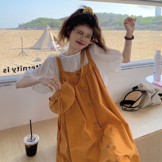 【Amber】韓版吊帶洋裝 泡泡袖襯衫+揹帶裙 小清新連身裙套裝
