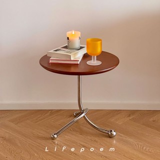 『MOKA®摩卡』Lifepoem復古實木圓形茶几櫻桃木迷你簡約小戶型不銹鋼床頭桌邊幾