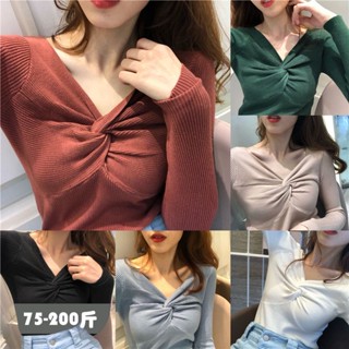 S-5XL 大尺碼 長袖上衣 設計感時尚交叉心機V領修身顯瘦長袖針織衫打底衫大碼上衣女