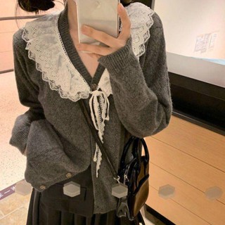 🌟Lovely愛出貨🌟 深灰色長袖蕾絲花邊針織衫女春秋季日系溫柔風設計感開衫毛衣外套東大門款韓款韓版