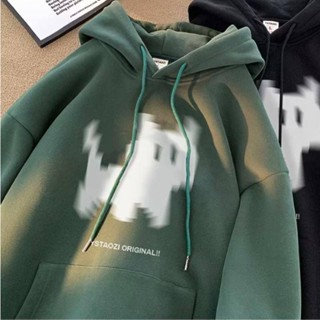 帽t【M-5XL】模糊小貓印花衛衣 男士潮牌加絨連帽秋冬款美式復古青少年痞帥衛衣大碼 情侶裝 連帽衛衣 外套男W496