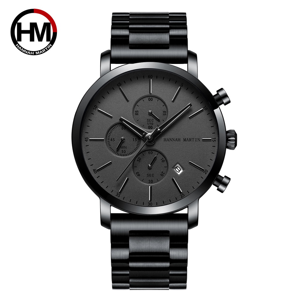 Hannah Martin品牌手錶 HM109 實心不鏽鋼精鋼錶鏈 防水 多功能 日曆 石英 高級男士手錶