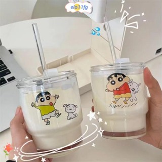 ELO11吸管玻璃水杯,蠟筆小新450ML咖啡杯,便攜式小狗帶蓋玻璃果汁奶瓶家庭辦公室