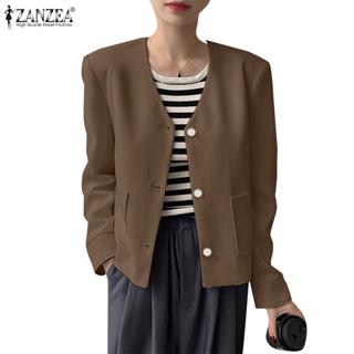 Zanzea 女式韓版貼袋長袖剪裁短款休閒寬鬆西裝外套