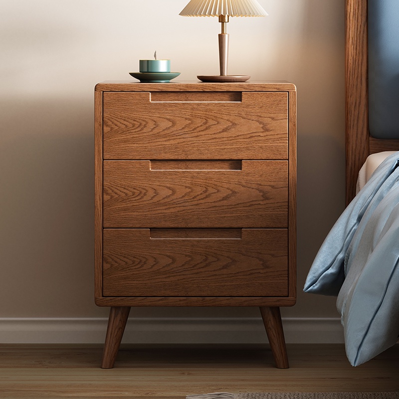 『MOKA®摩卡』全實木三抽床頭櫃現代簡約橡木原木收納櫃北歐卧室儲物櫃斗櫃整裝
