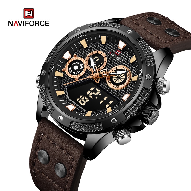 Naviforce 9224 品牌男士數字防水計時碼表運動皮革錶帶雙顯示數字夜光時鐘