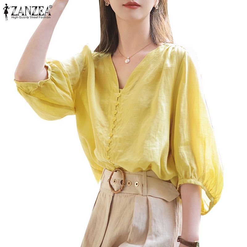 Zanzea 女式韓版假日寬鬆 V 領燈籠袖鈕扣襯衫