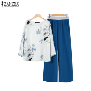 Zanzea 女式韓版圓領長袖寬鬆印花鬆緊腰上衣和長褲