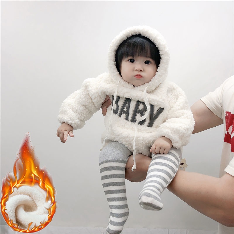 ins韓國嬰幼兒可愛包屁衣 嬰兒毛絨絨保暖連身大學T 寶寶加厚刷毛字母包屁哈衣爬服 嬰兒內搭褲襪