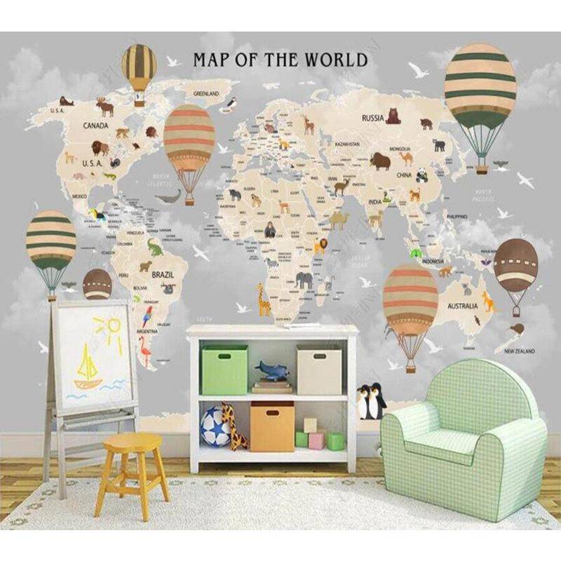 定制3d卡通世界地圖兒童客廳兒童壁紙貼畫壁畫臥室牆文件家居裝飾牆紙家居裝飾貼紙