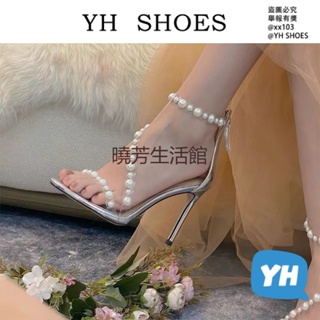 〈曉芳推薦〉YH SHOES 34-40性感10CM一字帶高跟鞋 包鞋女 銀色金色細跟綁帶涼鞋水鑽珍珠女鞋後拉鍊珍珠透明