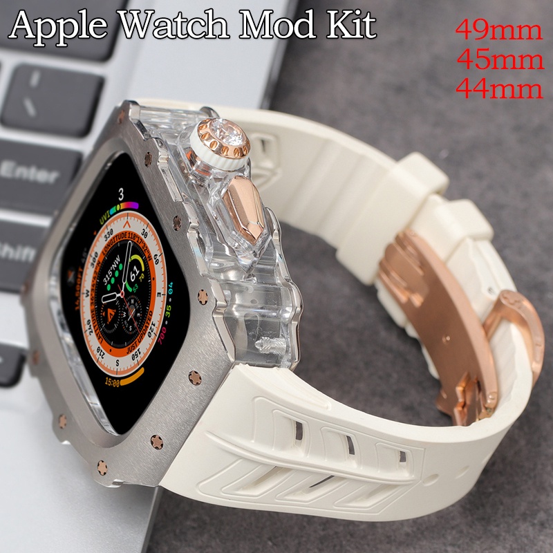 豪華鈦錶殼橡膠錶帶改裝套件適用於 Apple Watch Series Ultra 9 8 7 6 5 4 SE iWa