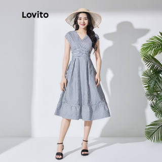Lovito 女士休閒條紋布料拼接洋裝 LBL07194