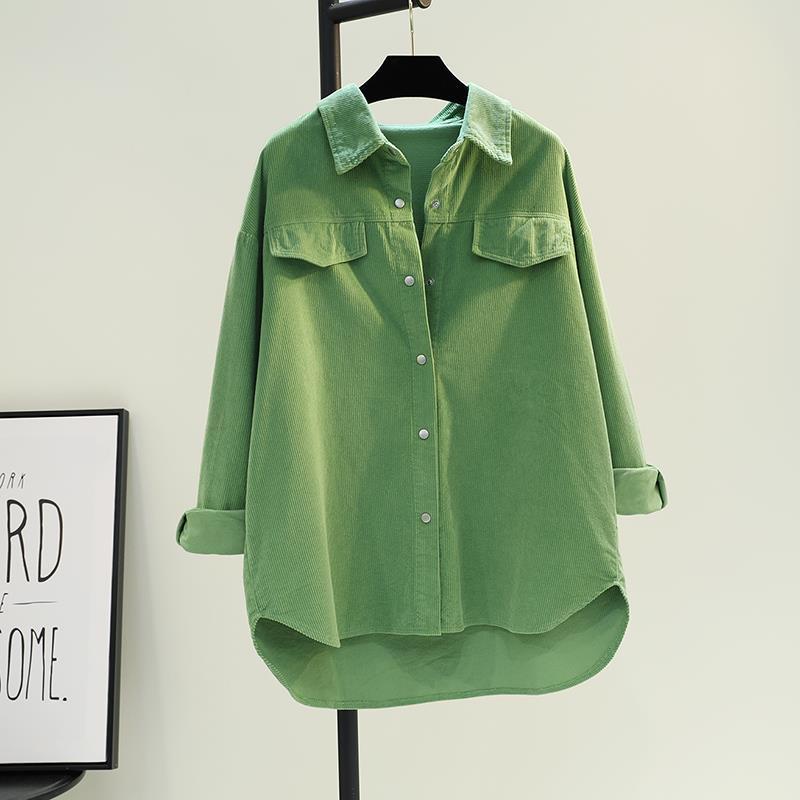 酪梨綠中長款燈芯絨襯衫女新款加厚雙口袋襯衫外套小外套