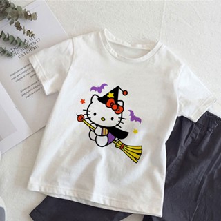 三麗鷗萬聖節兒童 T 恤卡哇伊 Hello Kitty T 恤女孩衣服卡通休閒時尚兒童男孩短袖上衣