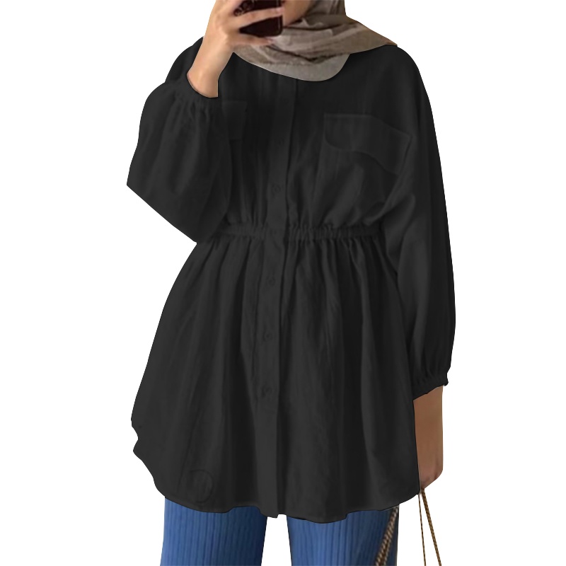 Hijabista 女式圓領腰泡泡袖純色中長襯衫