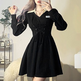 M-5XL 大尺碼 洋裝 長袖洋裝 連衣裙 大碼女裝 POLO領連衣裙長袖綁帶收腰顯瘦甜辣A字短裙潮