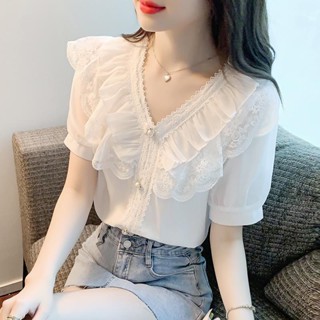 甜美風短袖上衣女|夏季新款甜美氣質蕾絲荷葉邊v領泡泡短袖白色雪紡襯衫上衣女