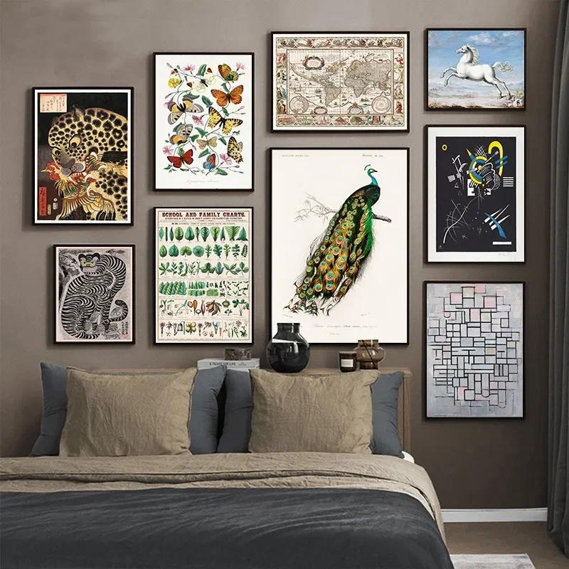 復古抽象動物印花帆布畫植物各種海浪世界地圖地球牆藝術家居臥室室內裝飾