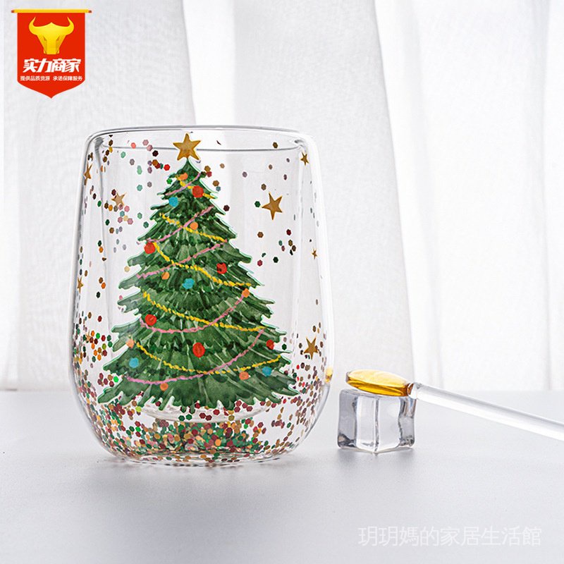 【新款推薦】聖誕許願杯 ins流動亮片聖誕樹玻璃杯 雙層可愛聖誕玻璃杯 聖誕款企鵝杯 聖誕樹造型水杯咖啡杯茶水杯牛奶杯