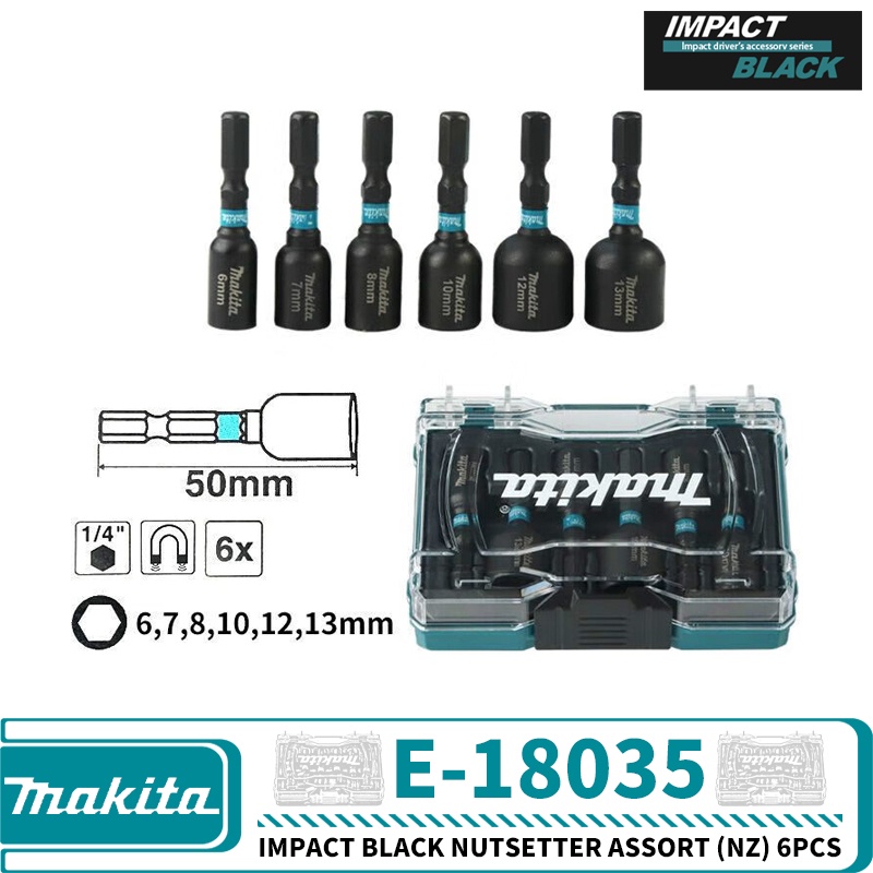 牧田 Makita E-18035 IMPACT 黑色衝擊黑色堅果分類 (Nz) 6PCS 用於驅動器