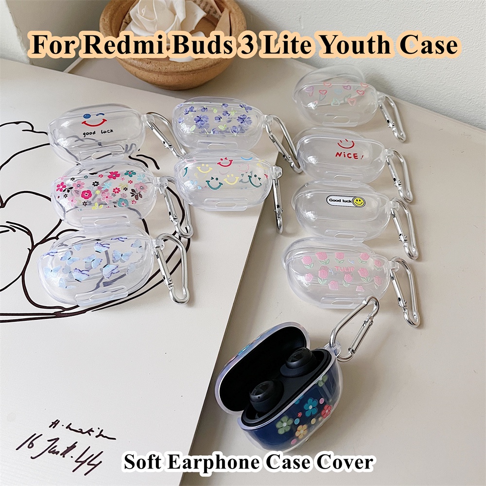 現貨! 適用於 Redmi Buds 3 Lite Youth Case 透明卡通笑臉圖案適用於 Redmi Buds