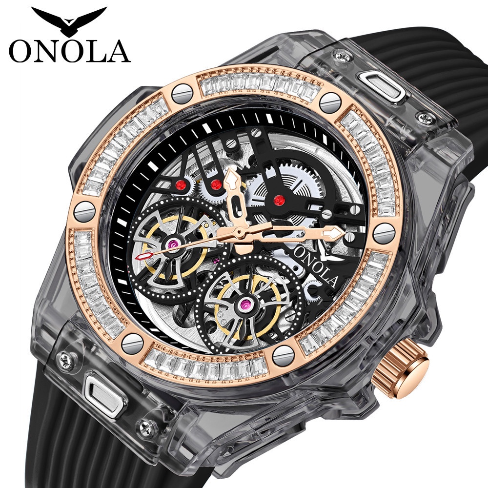 【現貨】ONOLA 6839 時尚 透明殼 2023年新款 鑲鑽 全自動機械手錶 防水 膠帶 男表
