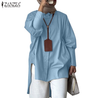 Zanzea 女式穆斯林休閒燈籠袖弧形下擺鈕扣襯衫