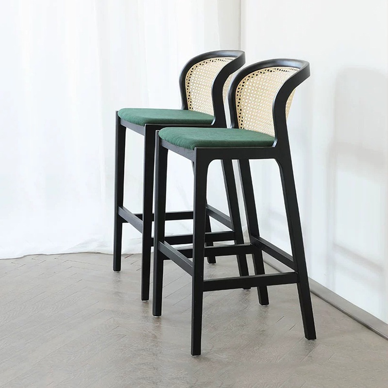 法式實木藤編酒吧椅簡約黑色商用吧台椅子設計師創意酒吧高腳椅
