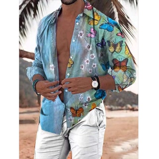 夏威夷蝴蝶襯衫男士 3D 長袖花襯衫沙灘襯衫超大上衣 T 恤男士夏季服裝