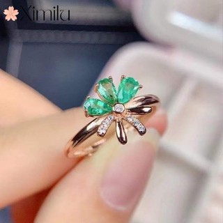 ⭐ 創意新款祖母綠葉子玫瑰金戒指女綠水晶飾品