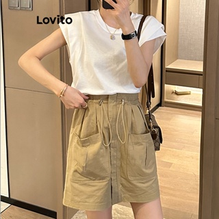 Lovito 女士休閒素色口袋高腰半身裙 LNE21126 (卡其色)