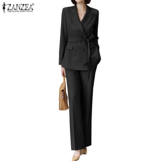 Zanzea 女式韓版可拆卸腰帶雙排扣長袖口袋拉鍊上衣長褲