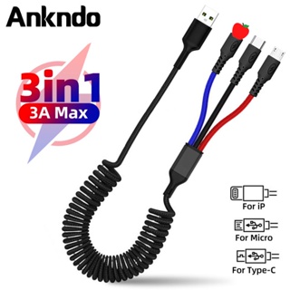 Ankndo 3 合 1 Micro USB 充電器充電線 Type C 彈簧 USB 充電線 車載充電線