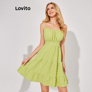 Lovito 女款休閒素色疊層荷葉邊百褶連身裙 LBE04084 (淺綠色)