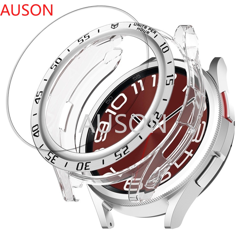 AUSON適用於三星 galaxy watch 6 Classic 47 43mm 金屬錶圈+TPU錶殼 + 鋼化膜套裝