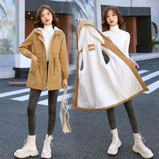 加絨風衣女 2023新款秋冬季 韓版休閑寬松大衣 洋氣加厚中長款棉服外套 簡約百搭風衣外套 連帽外套