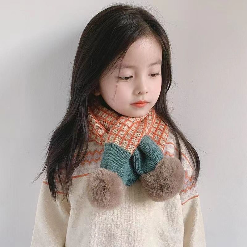 韓版冬季交叉兒童圍巾男女童寶寶針織格子毛球柔軟加厚保暖圍脖潮