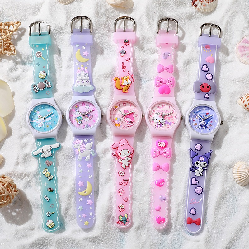 三麗鷗 Kuromi Hello Kitty Cinnamoroll 兒童手錶三維石英手錶矽膠錶帶兒童防水手錶