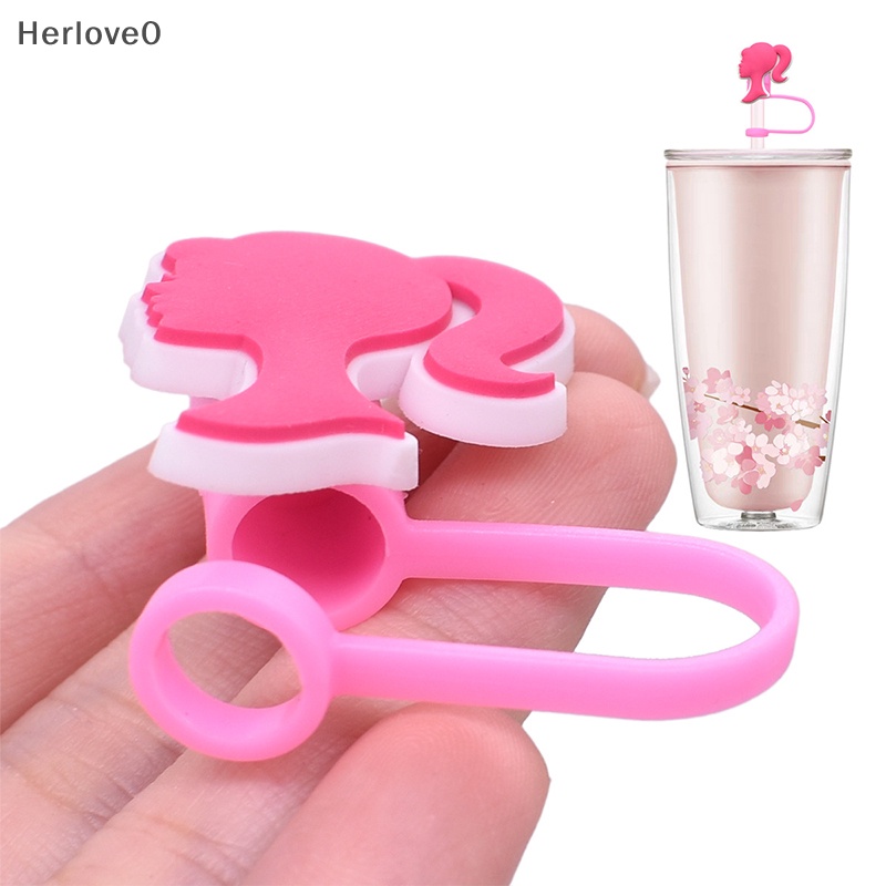 Herlove 可重複使用芭比卡通 PVC 吸管套密封防塵帽防濺飲用可愛設計粉色風格吸管裝飾 TW