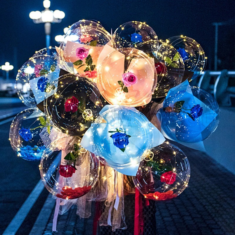 Led 玫瑰花氣球 - 人造花束透明波波氣球套裝 - LED 發光氣球 - 浪漫婚禮情人節生日玫瑰球 - 玫瑰花束波波氣