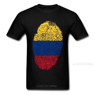 哥倫比亞國旗指紋 T 恤男士條紋上衣獨特夏季 T 恤組 T 恤棉 T 恤女裝黑色